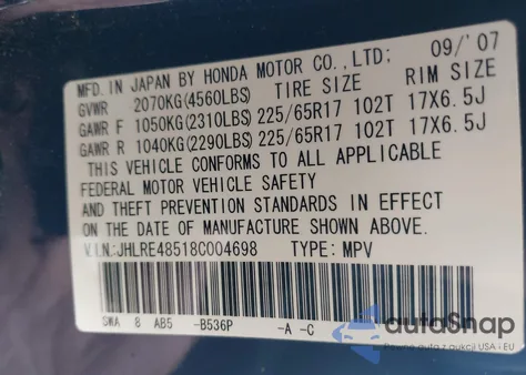 2008 Honda Cr-V Ex z USA, uszkodzony, nr VIN JHLRE48518C004698